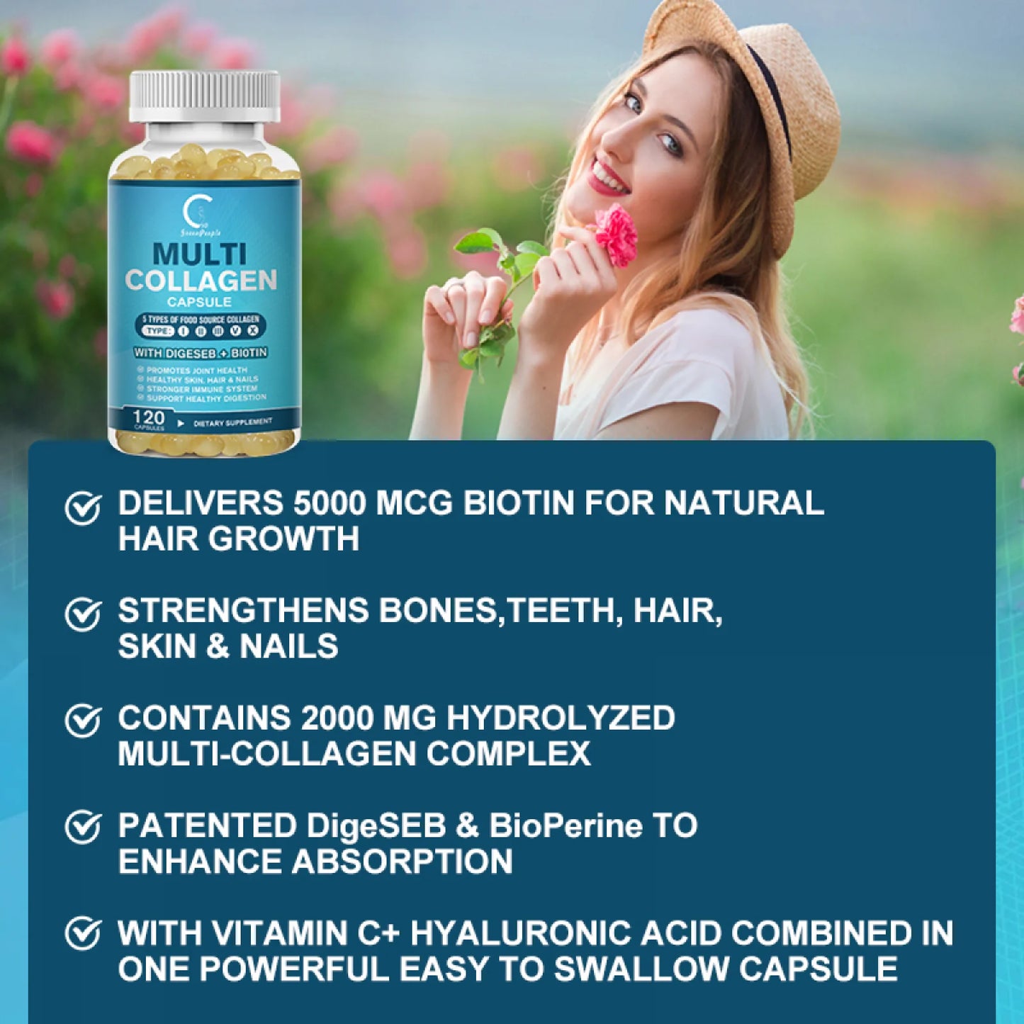 Multi Collagen Capsules 5000Mg, Types I, II, III, V & X for Hair Skin and Nails Healthy, 240 Capsules (2 Pack)