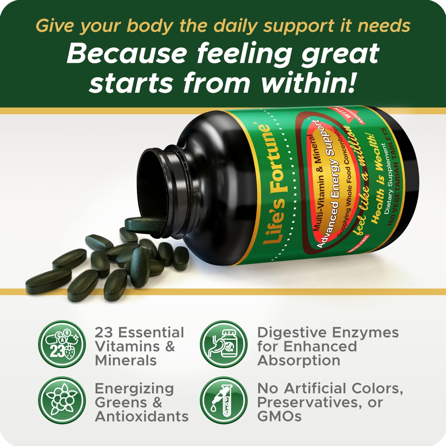 Multivitamin & Mineral 180 Tablets, All Natural Energy Source Supplying Whole Food Concentrates, Antioxidants, Amino Acids, Enzymes,