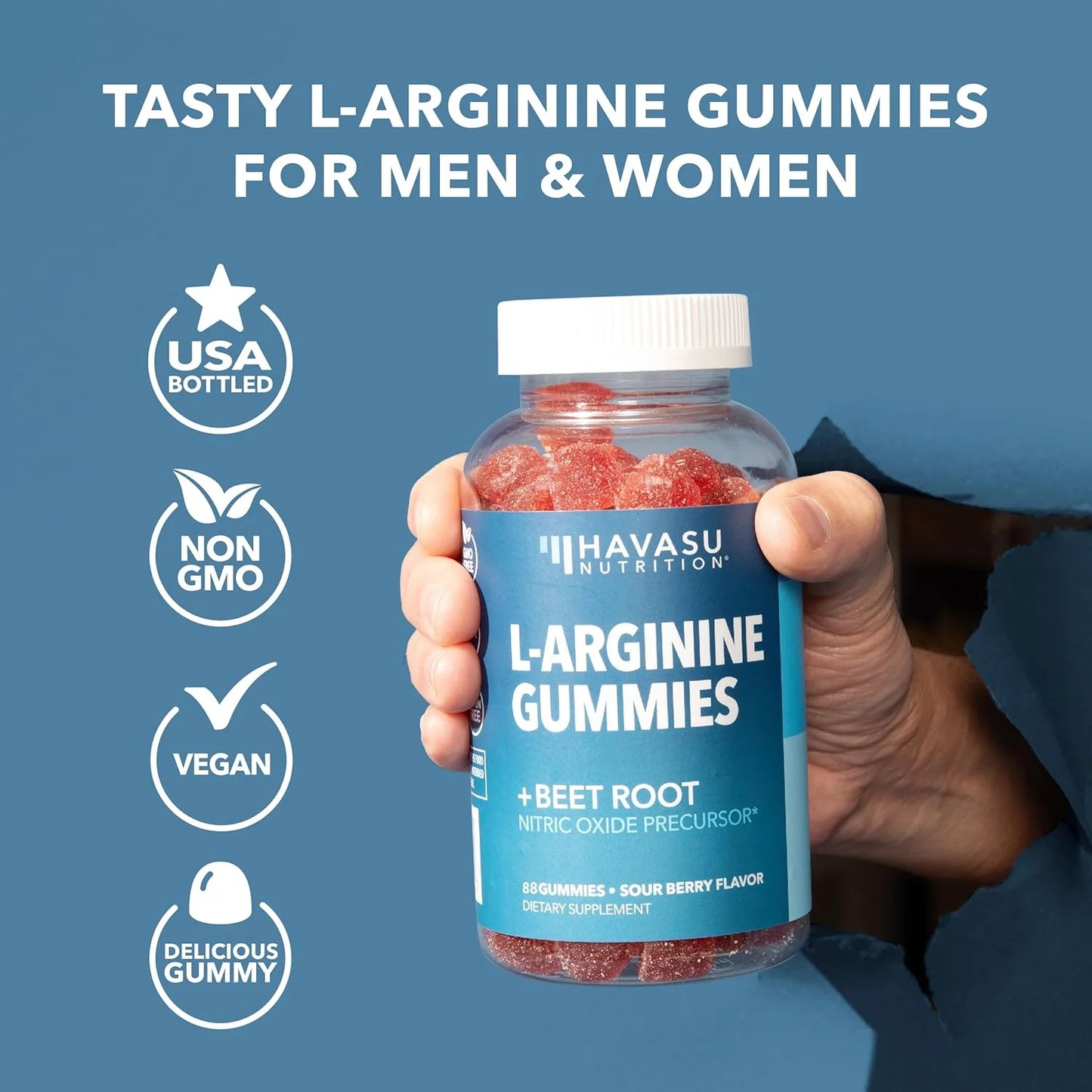 L Arginine Gummies Nitric Oxide Supplement | Vascular Supplement and Energy Booster for Men | 88 Sour Berry Flavored Gummies