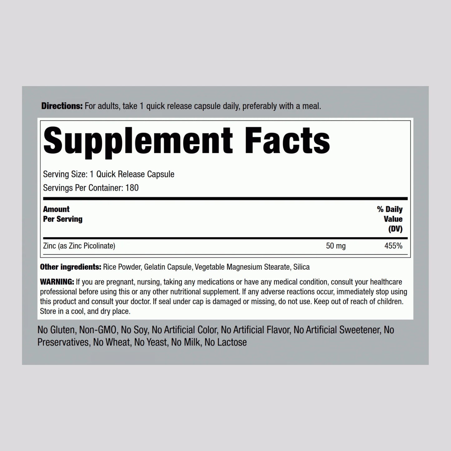 Zinc Picolinate (High Absorption Zinc), 50 Mg, 180 Quick Release Capsules