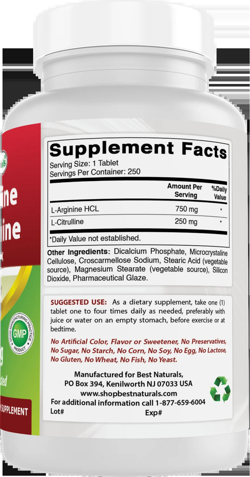 L-Arginine L-Citrulline Complex 1000 Mg Multivitamin Tablets, 250 Count