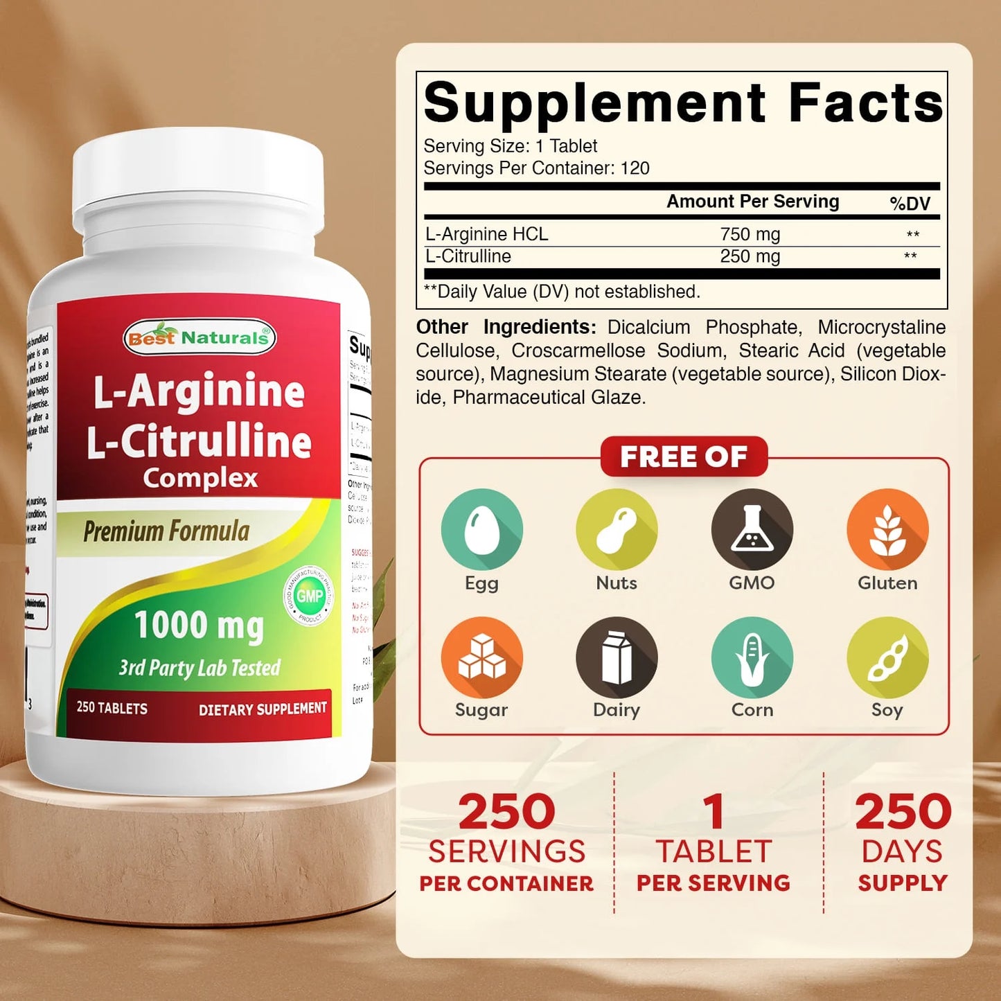 L-Arginine L-Citrulline Complex 1000 Mg Multivitamin Tablets, 250 Count