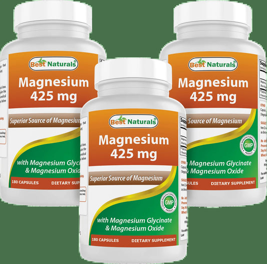 3 Pack  Magnesium Glycinate 425 Mg 180 Vegetarian Capsules | High Absorption Magnesium Glycinate & Magnesium Oxide Chelated, Non-Gmo, Gluten Free Muscle Relax