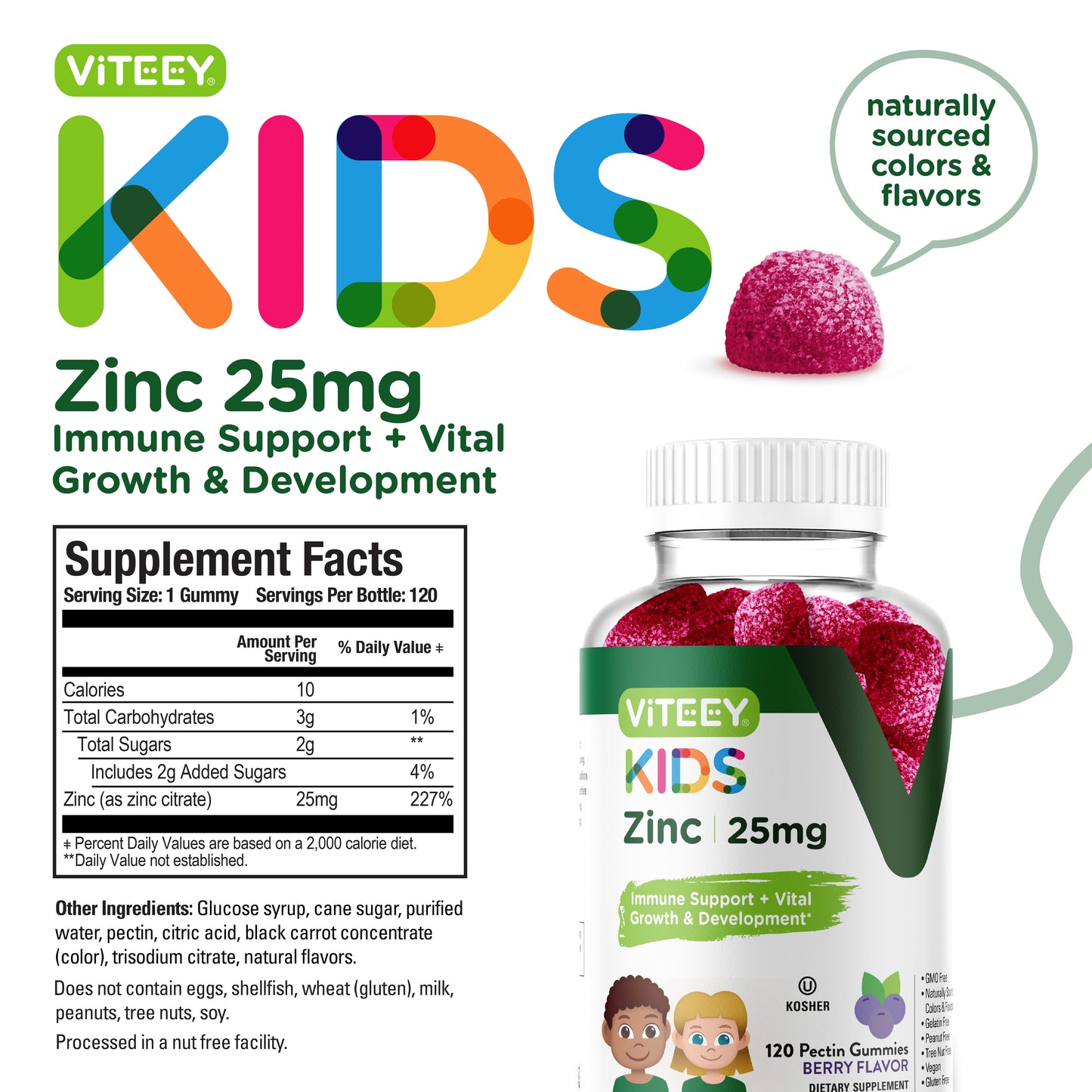 Kids Zinc Gummies 25Mg, Kids Immune Support, Berry Flavor, 120 Count
