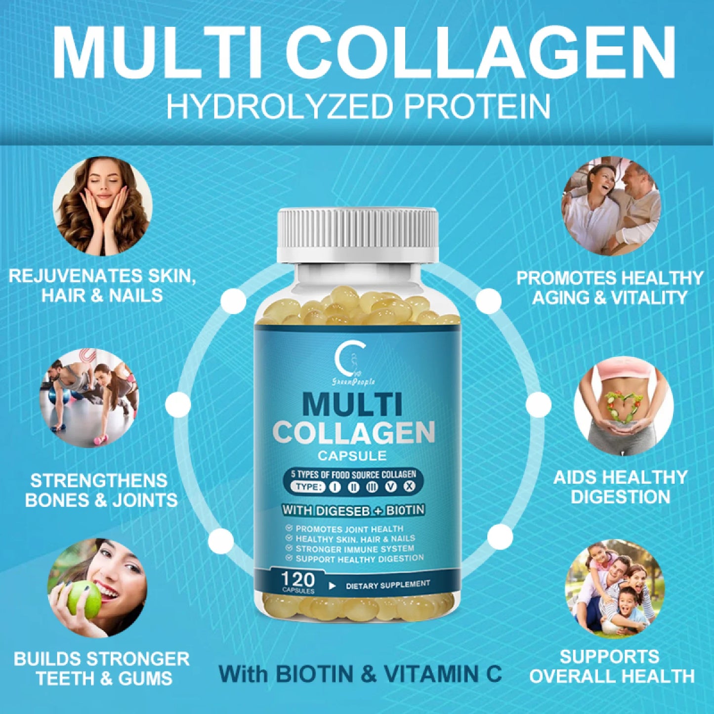 Multi Collagen Capsules 5000Mg, Types I, II, III, V & X for Hair Skin and Nails Healthy, 240 Capsules (2 Pack)