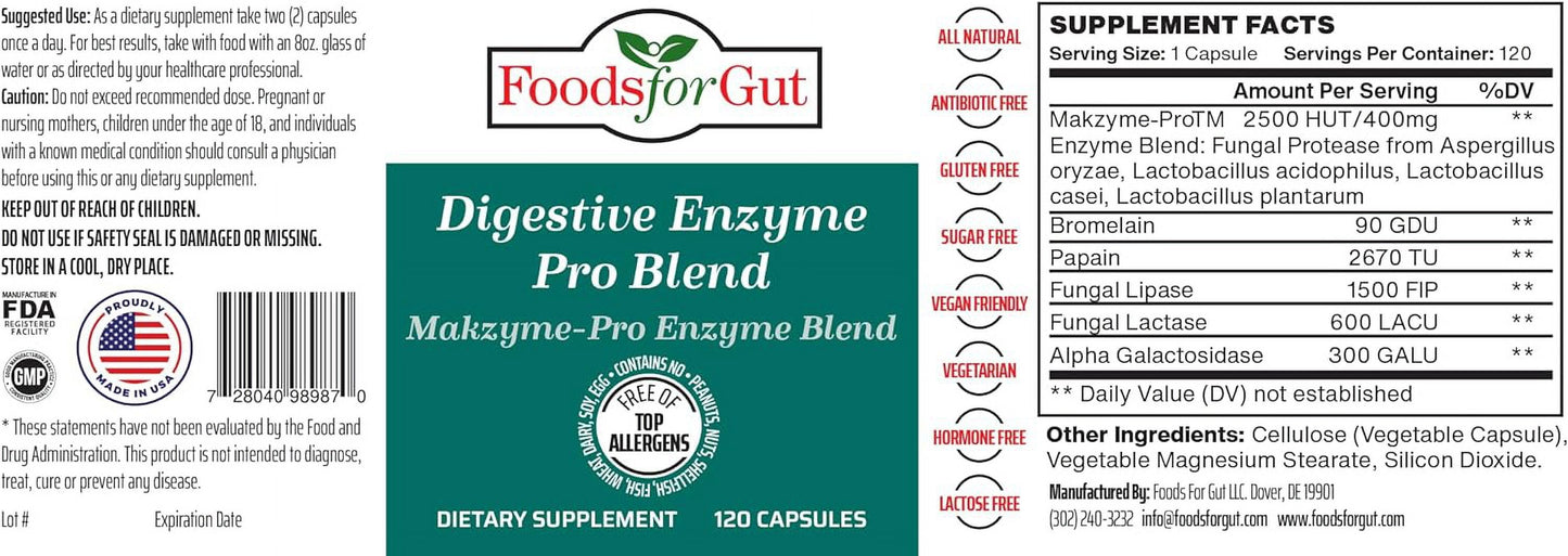 Digestive Enzyme Makzyme-Pro Blend & Probiotics plus | 120 Capsules | Vegetarian Capsules | Free of Top Allergens | Support Digestive Health | Bloating & Gas Relief