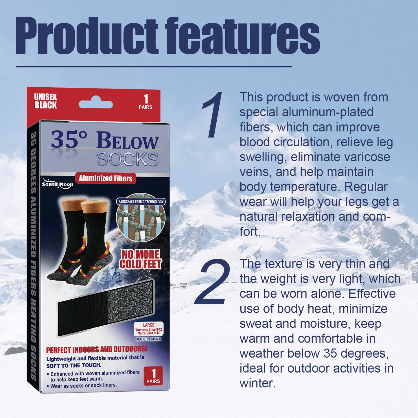 35 Degrees Aluminized Fibers Heating Socks, Relieve Vein Spontaneous Heat Constant Temperature Comfortable Warm Foot Cold Protection Socks