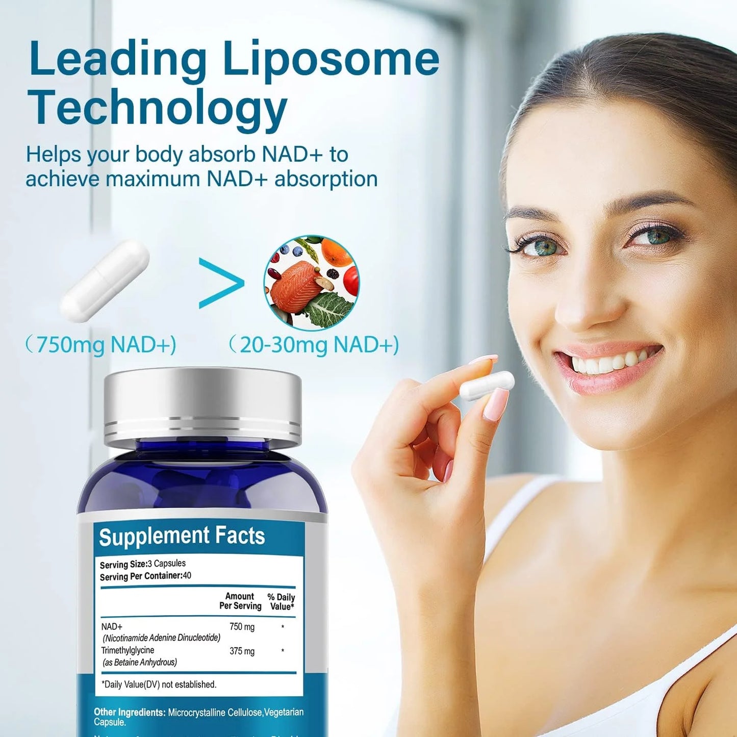 Liposomal NAD+ Supplement, NAD+ 500Mg with TMG 250 Mg for Ultra Max Enhanced Absorption, Promotes Anti-Aging, Energy and DNA Repair, Brain Function - 120 Capsules