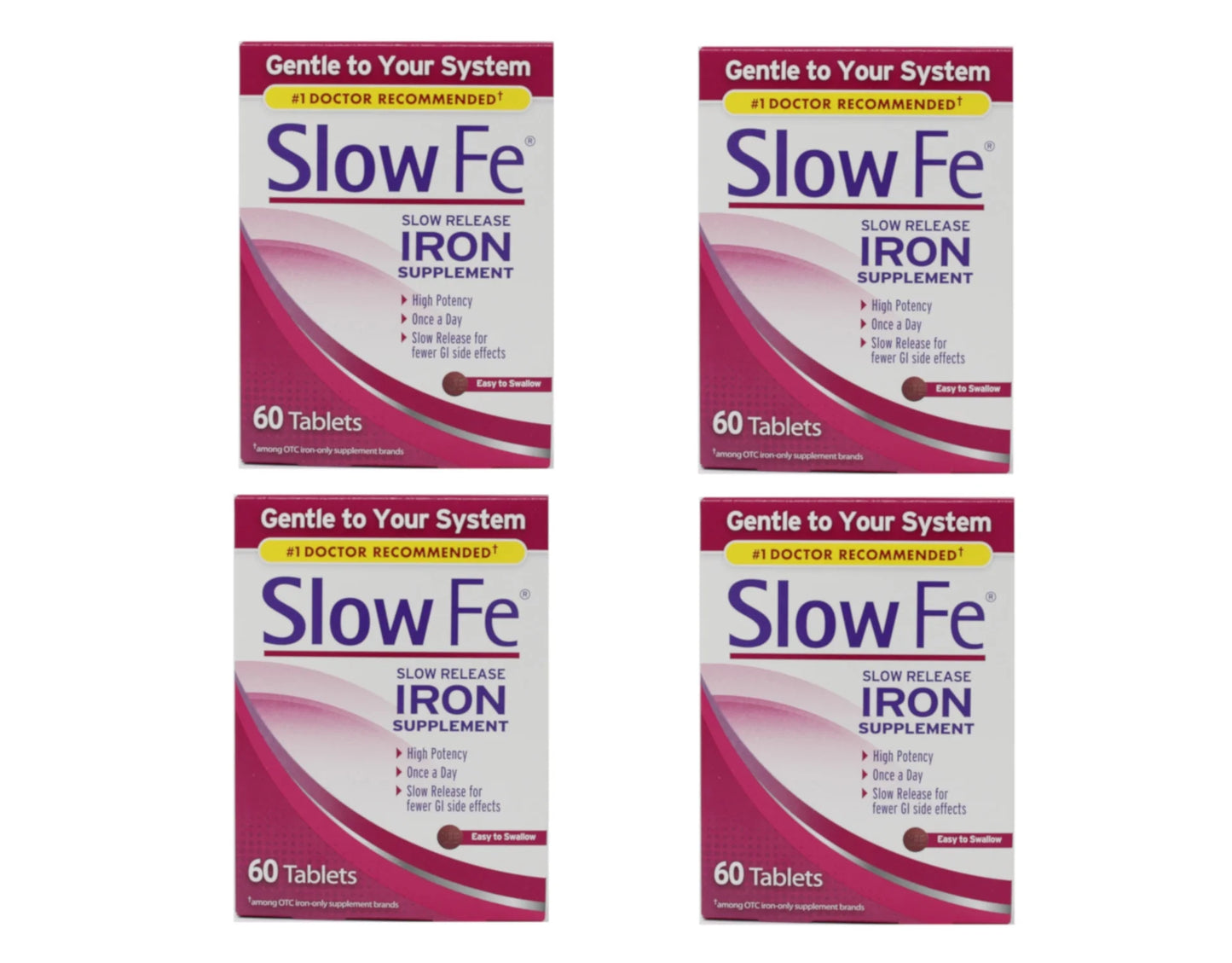 4 Pack Slow Release IRON Supplements High Potency Gentle 60 Tablets Each