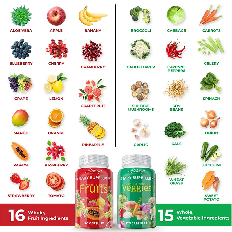 Fruits and Veggies Supplement - Energy Management, Immunity Enhancement, and Intestinal Health Promotion - 2 Bottles