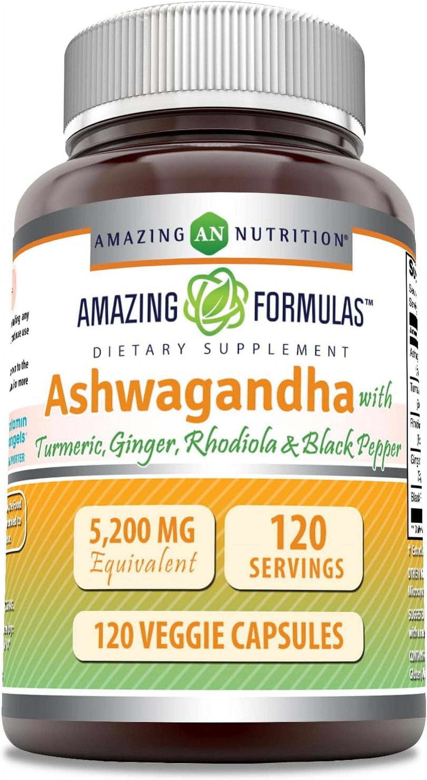 Ashwagandha with Turmeric, Ginger, Rhodiola & Black Pepper 5200 Mg per Serving | 120 Veggie Capsules Supplement | Non-Gmo | Gluten Free