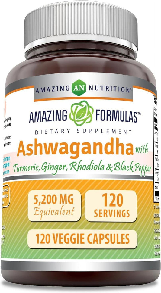 Ashwagandha with Turmeric, Ginger, Rhodiola & Black Pepper 5200 Mg per Serving | 120 Veggie Capsules Supplement | Non-Gmo | Gluten Free