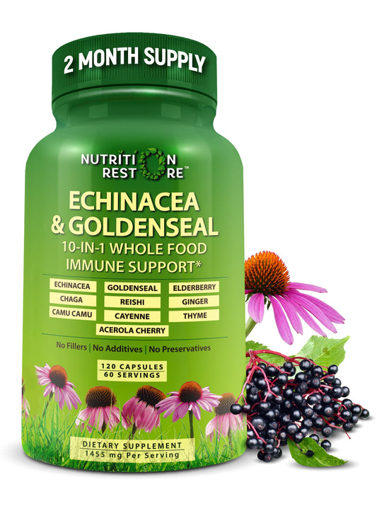 Echinacea Goldenseal Capsules 10 in 1 Vegan Herbal Immune Support Supplement, 120 Count