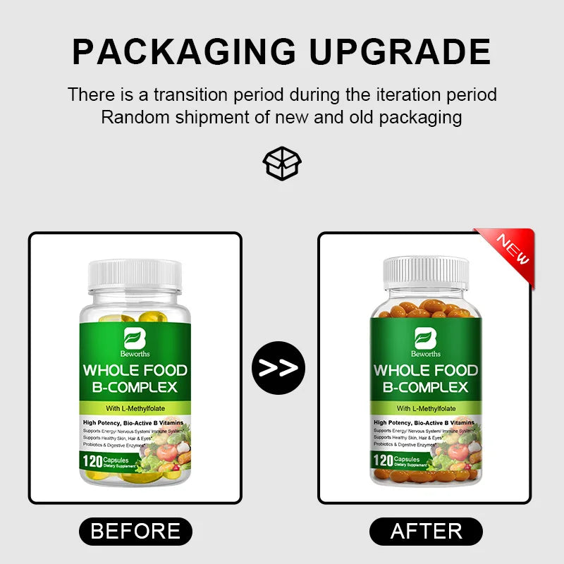 BEWORTHS Vitamin B Complex Capsules B1,B2,B3,B5,B6,B7,B12 Whole Food Supplement for Stress, Energy and Immune Support Non-GMO