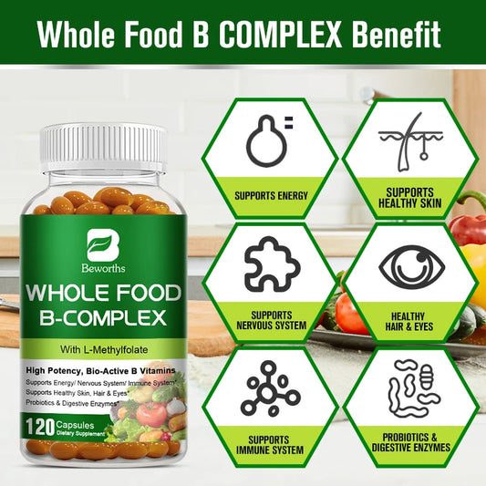 BEWORTHS Vitamin B Complex Capsules B1,B2,B3,B5,B6,B7,B12 Whole Food Supplement for Stress, Energy and Immune Support Non-GMO