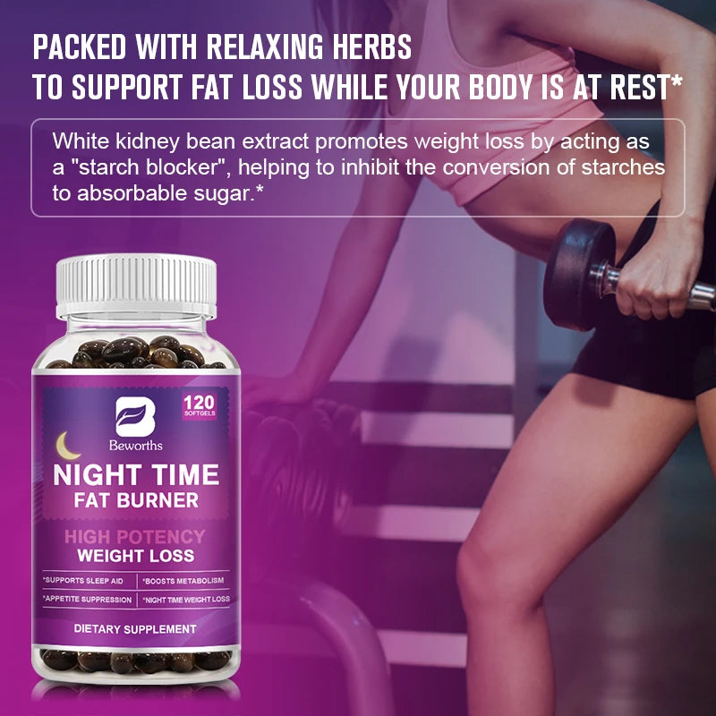 BEWORTHS 120pcs Night Time Fat Burnner Capsule for Women and Men Loss Weight Management Weight Slimming Tool Detox Burning Fat