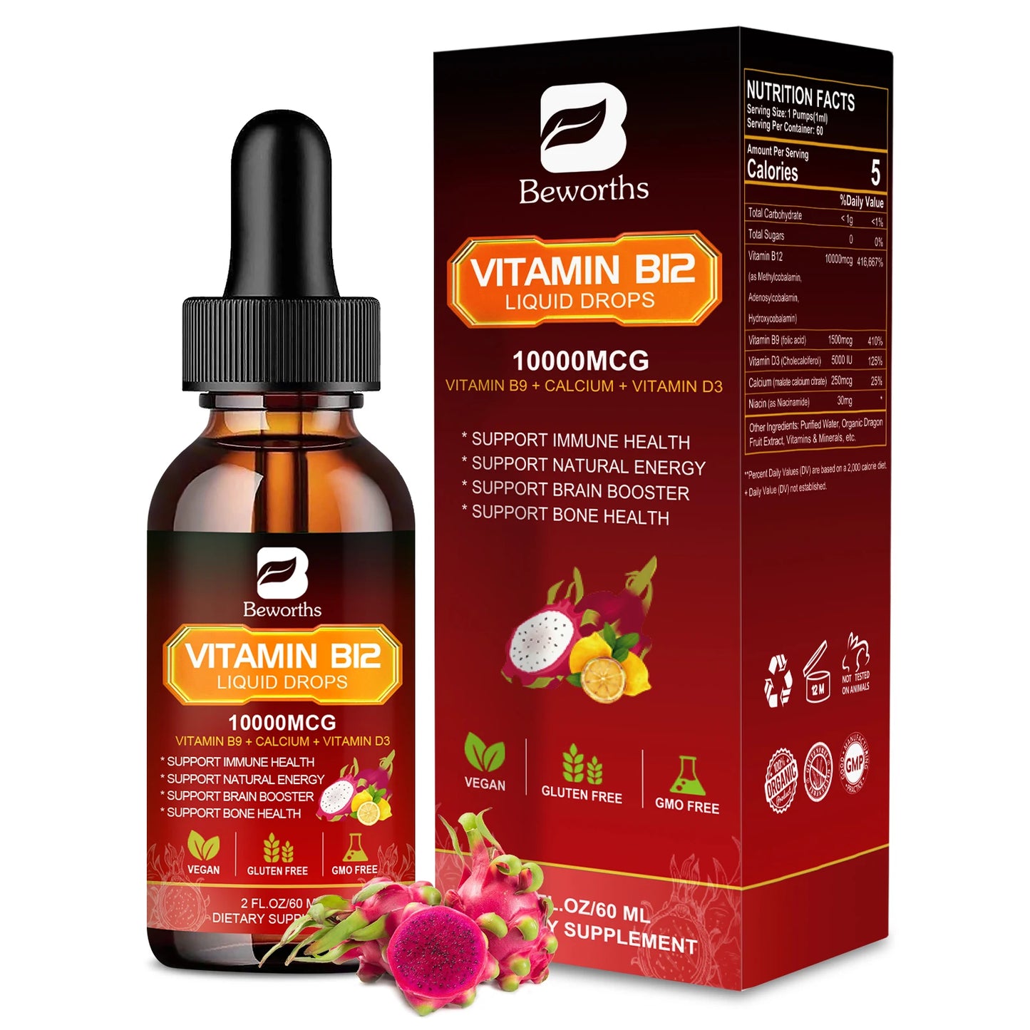 BEWORTHS Vitamin B12 and Vitamin D3 Drink Vitamin Complex Supplements Immune and Intestinal Digestive Health Brain &Heart Health