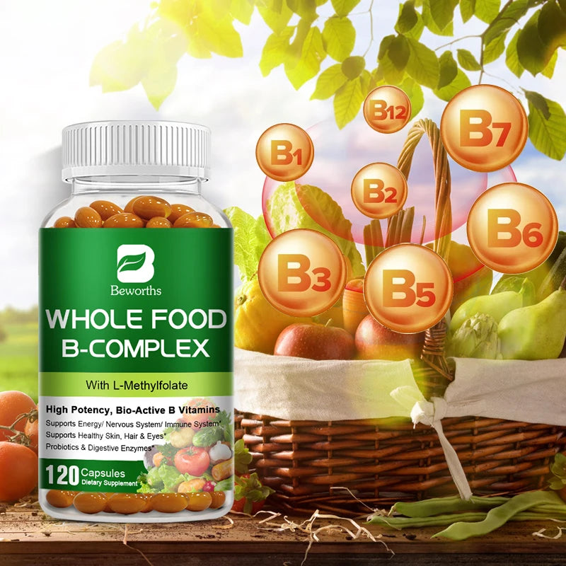 BEWORTHS Vitamin B Complex Capsules B1,B2,B3,B5,B6,B7,B12 Whole Food Supplement for Stress, Energy and Immune Support Non-GMO