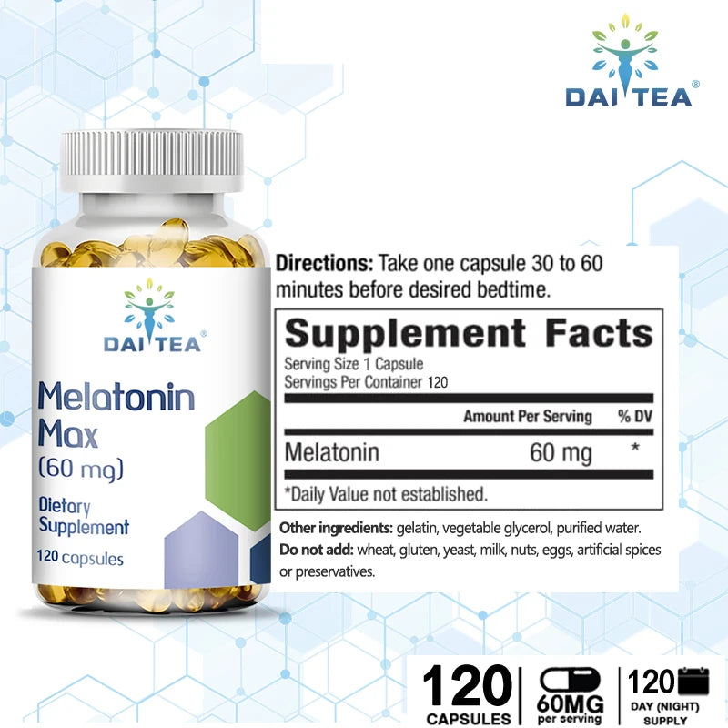 Daitea Melatonin Capsules 60MG - Relieve Insomnia, Help Improve Sleep Quality, Reduce Waking Time, Help Deep Sleep