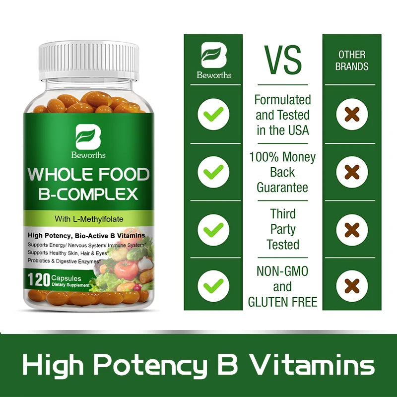 BEWORTHS Vitamin B Complex Capsules B1,B2,B3,B5,B6,B7,B12 Whole Food Supplement for Stress, Energy and Immune Support Non-GMO