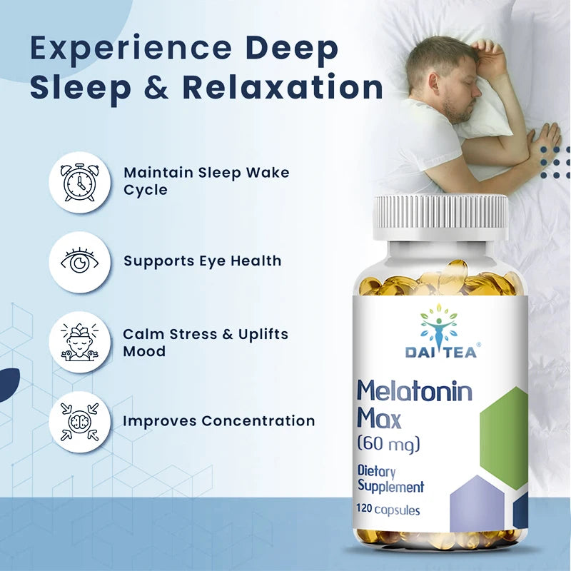 Daitea Melatonin Capsules 60MG - Relieve Insomnia, Help Improve Sleep Quality, Reduce Waking Time, Help Deep Sleep