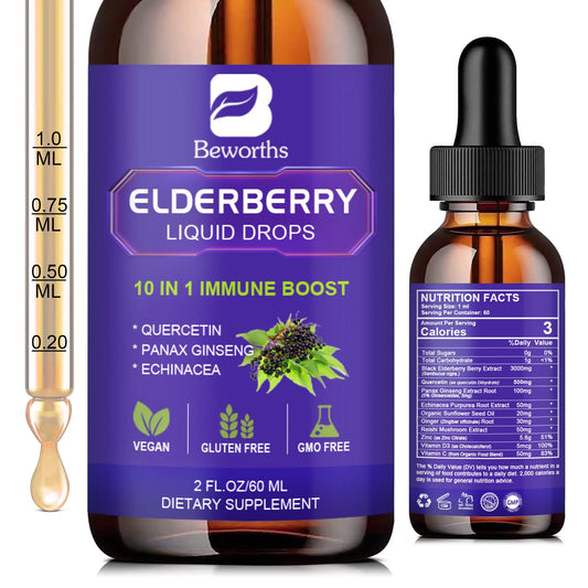 BEWORTHS Black Elderberry Drops with Vitamins C, D and Zinc Support Immunity and Heart Function Health Support Antioxidant