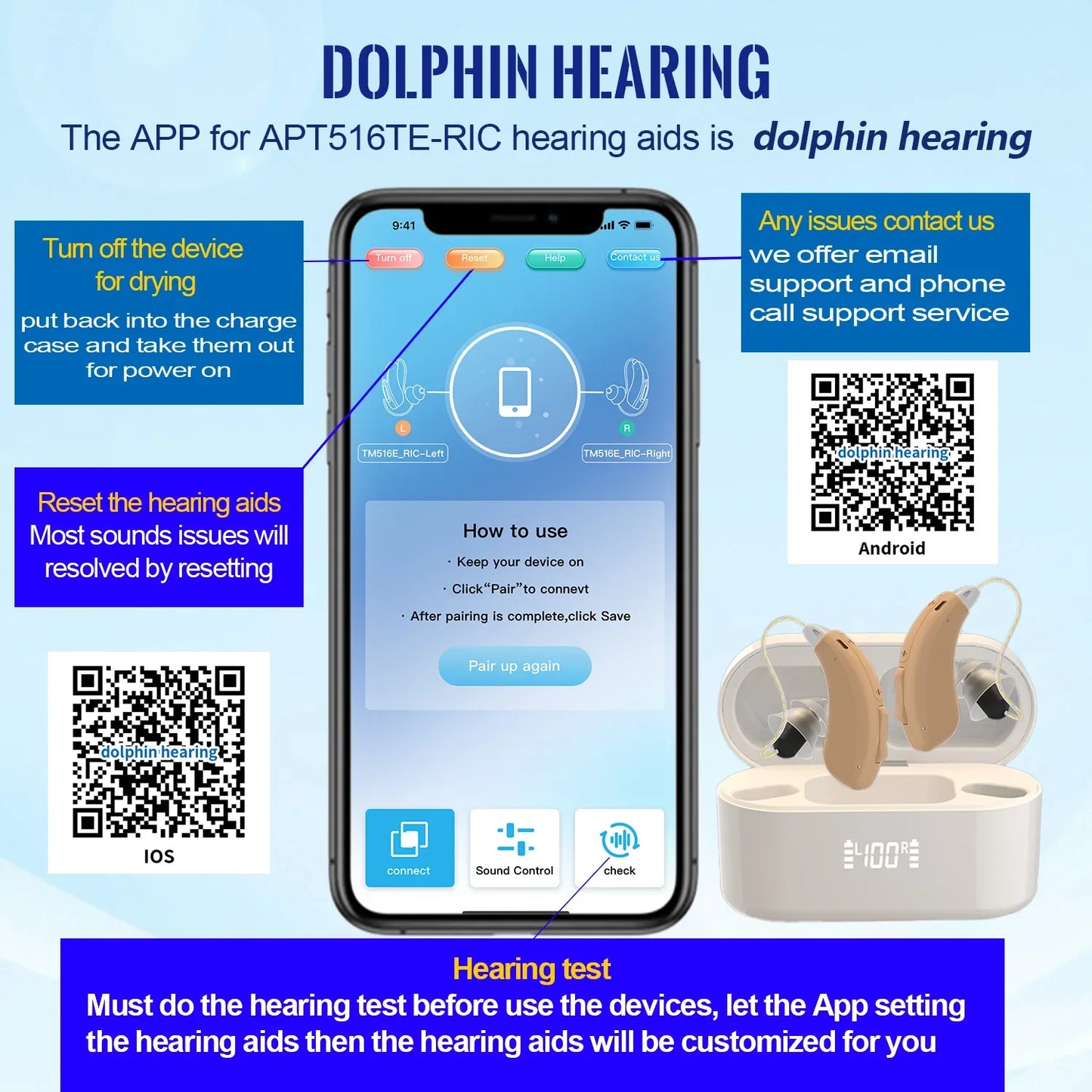 OTC Bluetooth Hearing Aid Rechargeable with Noise Cancelling APP Control with Tinnitus Masking for Mild To Moderate Hearing Loss