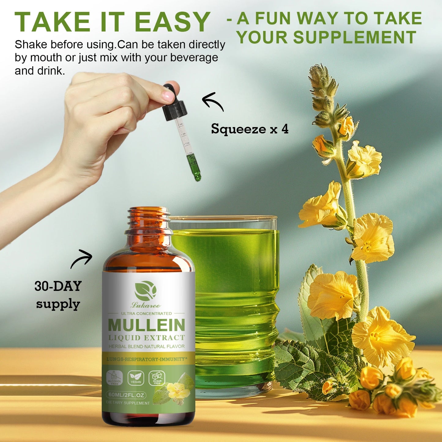 BBEEAAUU 1000mg Mullein Leaf Extract Drops for Lung Health Relaxed Breathing Support Immune and Digestive System Health