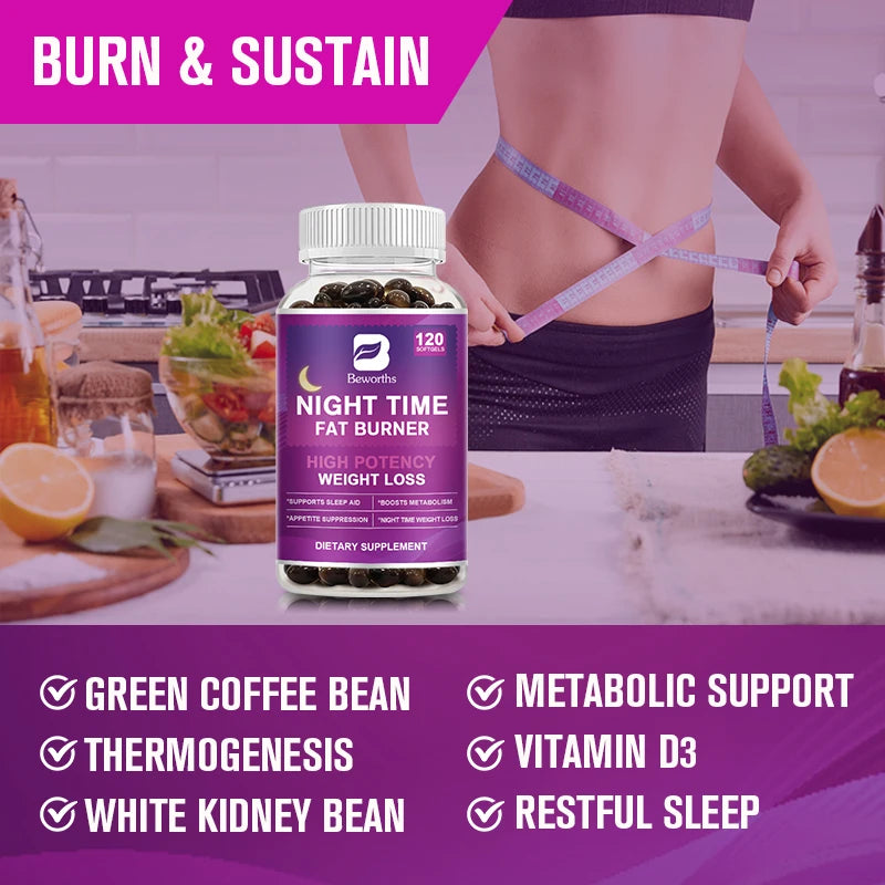 BEWORTHS 120pcs Night Time Fat Burnner Capsule for Women and Men Loss Weight Management Weight Slimming Tool Detox Burning Fat