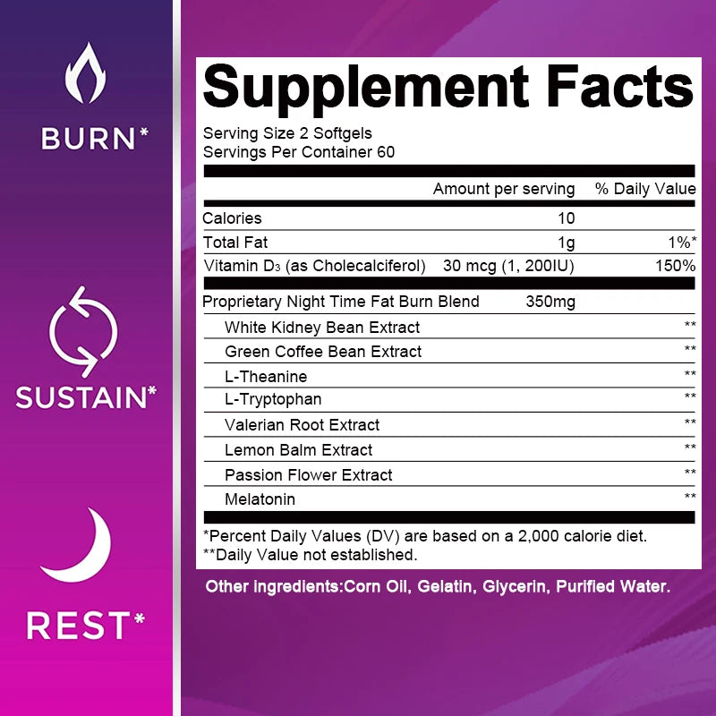 BEWORTHS 120pcs Night Time Fat Burnner Capsule for Women and Men Loss Weight Management Weight Slimming Tool Detox Burning Fat
