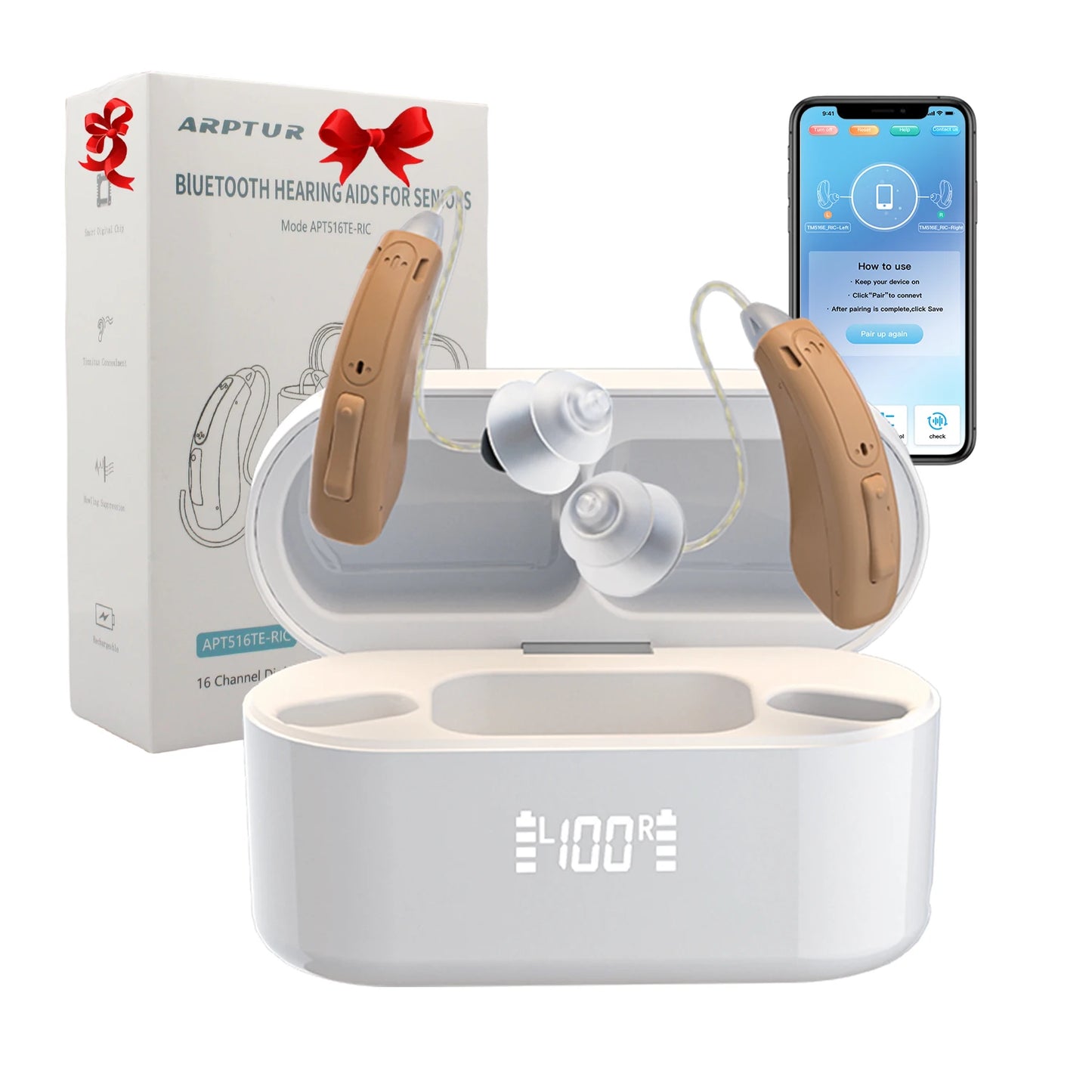 OTC Bluetooth Hearing Aid Rechargeable with Noise Cancelling APP Control with Tinnitus Masking for Mild To Moderate Hearing Loss
