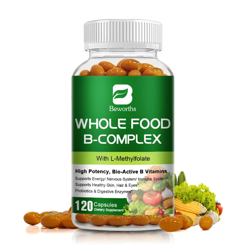 BEWORTHS Vitamin B Complex Capsules B1,B2,B3,B5,B6,B7,B12 Whole Food Supplement for Stress, Energy and Immune Support Non-GMO