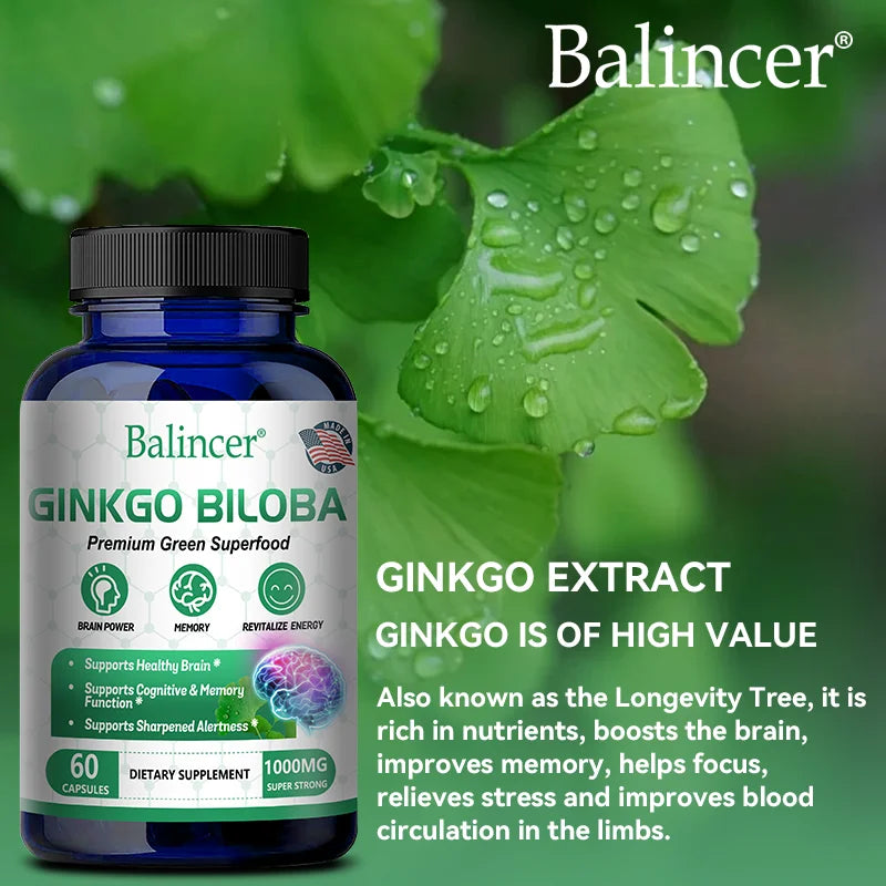 Balincer Memory and Concentration Supplement 1000mg - For Clear Thinking, Cognition - With Ginkgo Biloba Extract Capsules