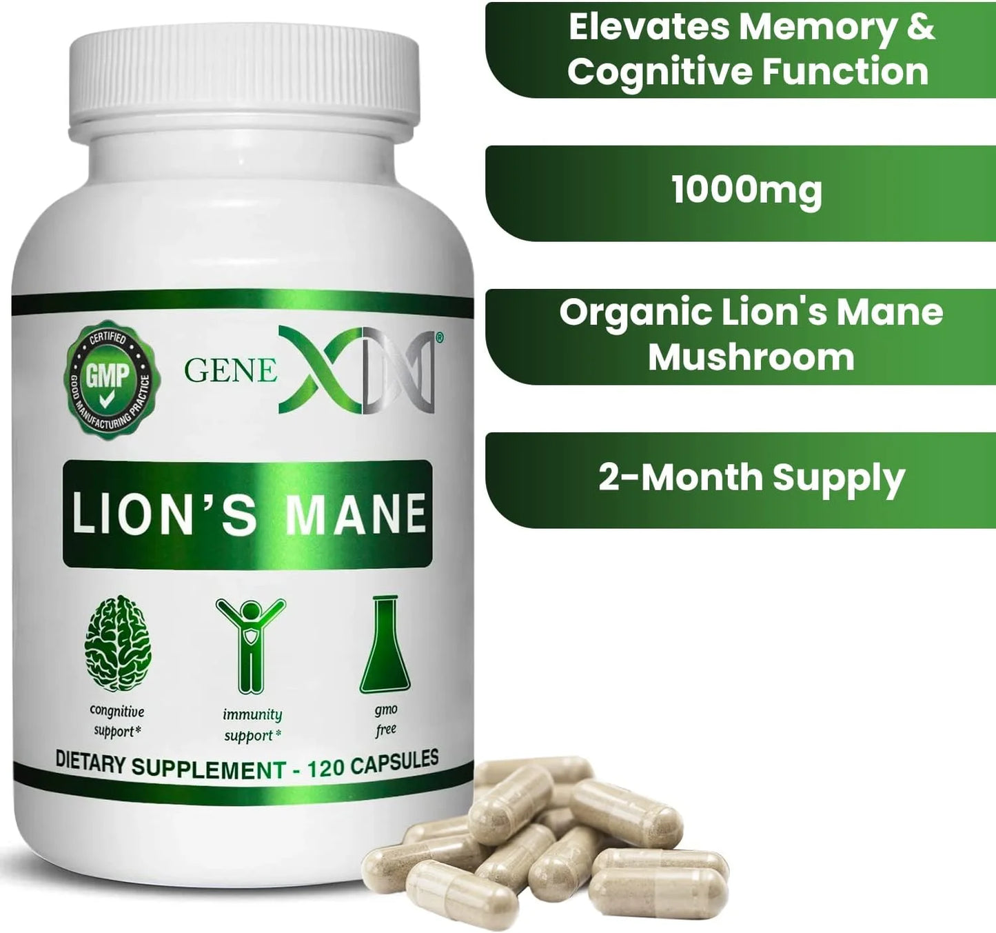 Genex Lions Mane Supplement with 100% Lions Mane Extract - Nootroprics Brain Support Supplement for Brain Boost, Focus, Mental Clarity, Natural Energy, 1000Mg/Serving - (60 Capsule)