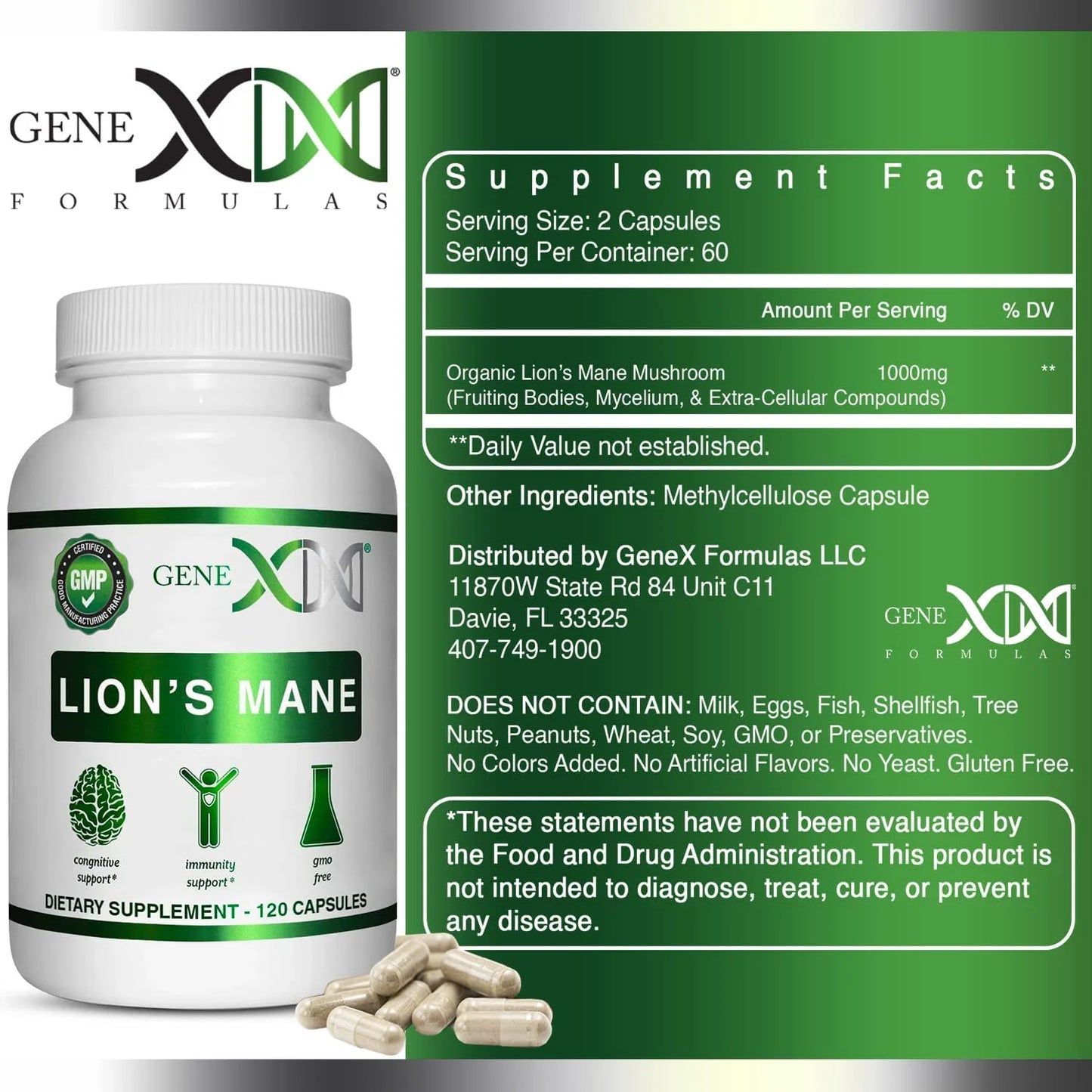 Genex Lions Mane Supplement with 100% Lions Mane Extract - Nootroprics Brain Support Supplement for Brain Boost, Focus, Mental Clarity, Natural Energy, 1000Mg/Serving - (60 Capsule)