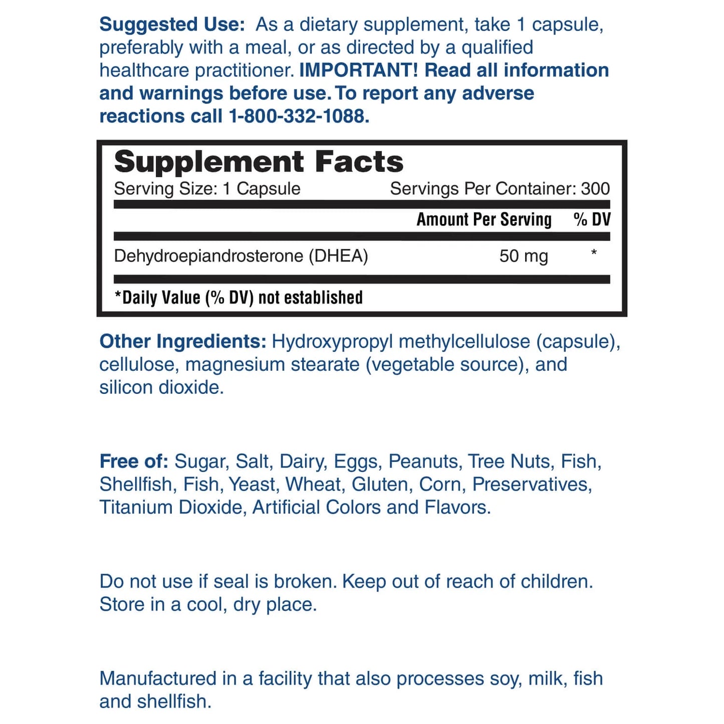DHEA 50Mg Supplement - 300 Capsules (10 Month Supply) - Promotes Balanced Hormone Levels, Healthy Energy and Increased Mental Clarity*