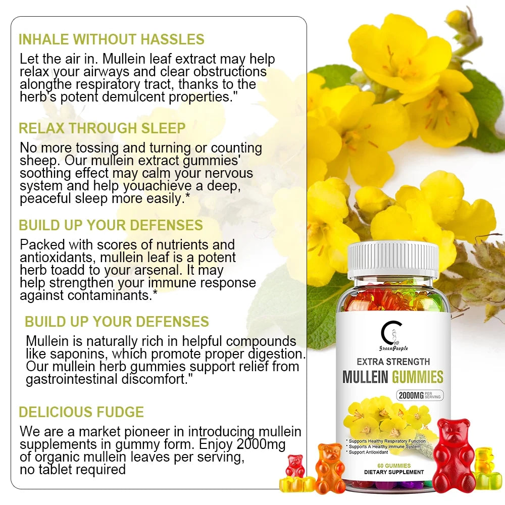 Mullein Gummies - Mullein Leaf Dietary Supplement for Respiratory System, Digestive Support, Immune Booster - Mullein Leaf Extract - 2000Mg, 120 Chewsn
