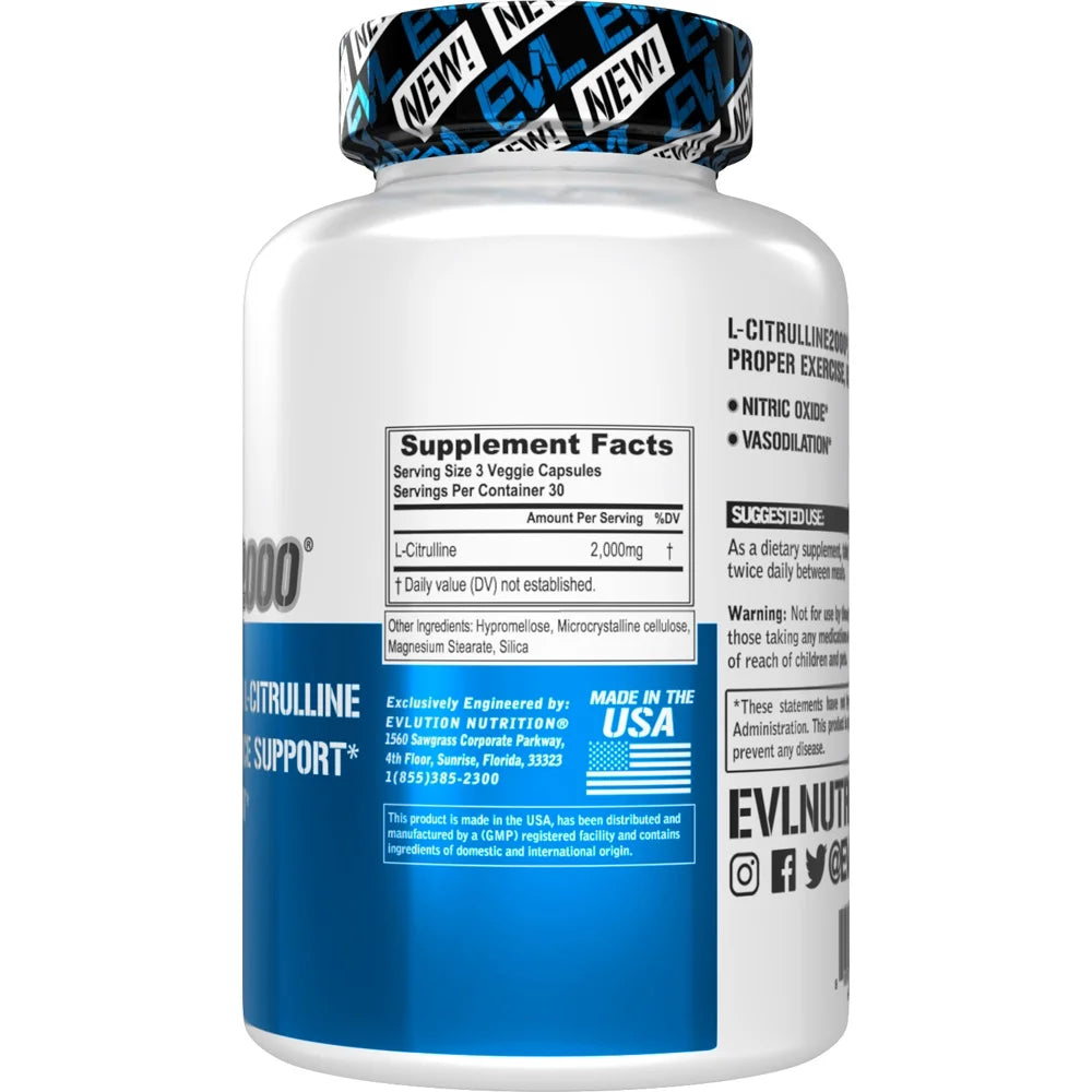 L-Citrulline2000 Nitric Oxide Supplement for Men - High Strength L Citrulline Capsules for Enhanced Muscle Strength Recovery and Intense Pumps - Plant Based Nitric Oxide Booster