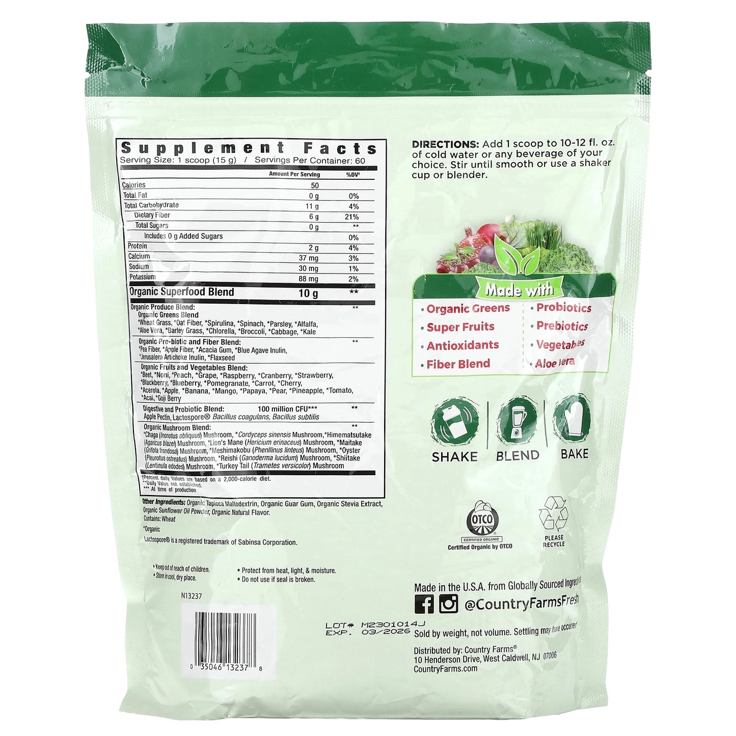 Super Greens Natural Flavor, 50 Organic Super Foods, USDA Organic Drink Mix, Fruits, Vegetables, Super Greens, Mushrooms & Probiotics, Supports Energy, 60 Servings, 31.8 Oz
