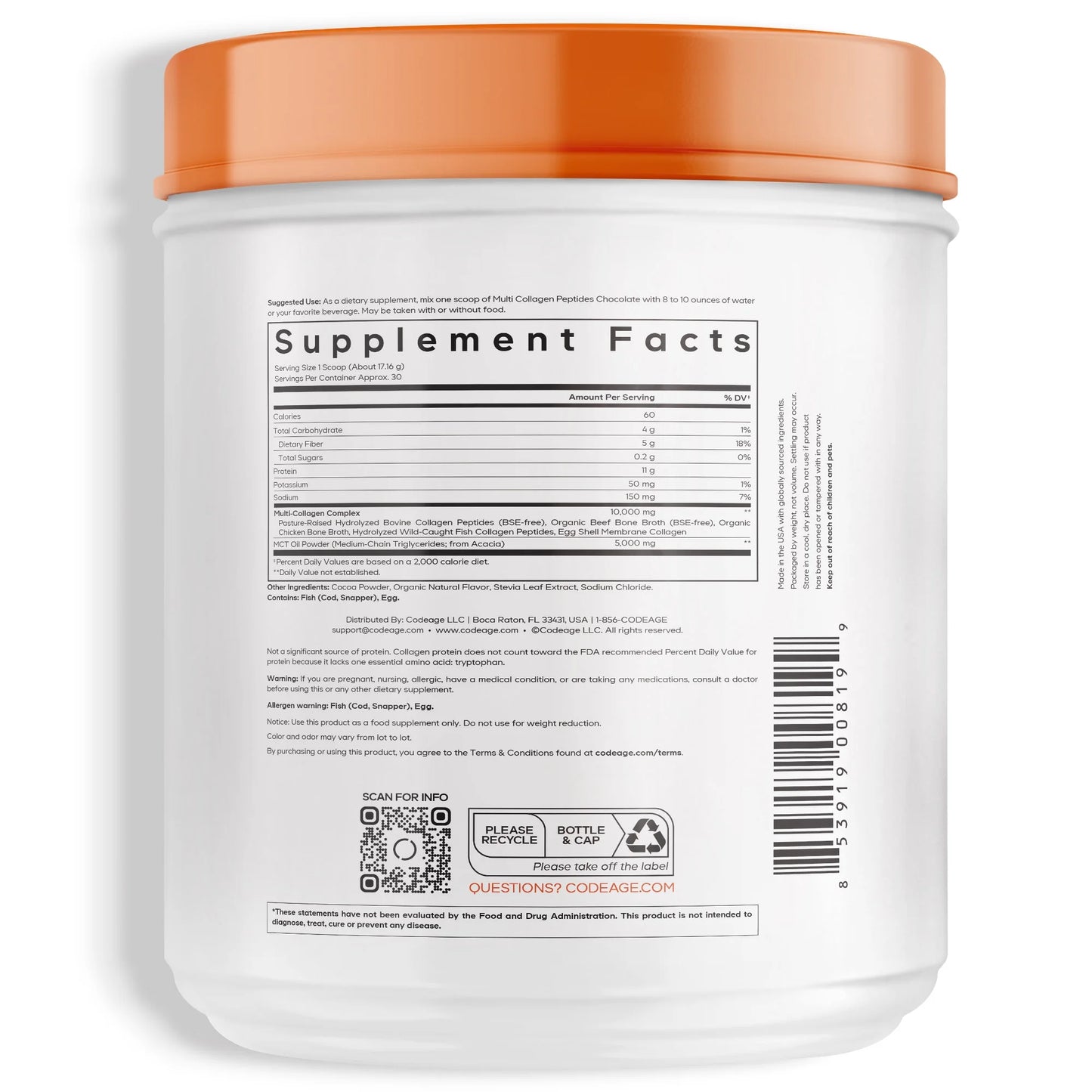 Multi Collagen Peptides Protein Powder, Chocolate Cocoa, MCT Oil, Amino Acids, Hydrolyzed, 18.16 Oz