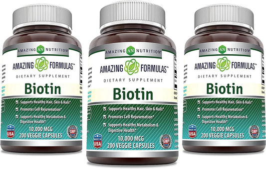 Biotin Supplement - 10,000Mcg - 200 Veggie Capsules (Non-Gmo, Gluten Free) - Pack of 3 -Supports Healthy Hair, Skin & Nails