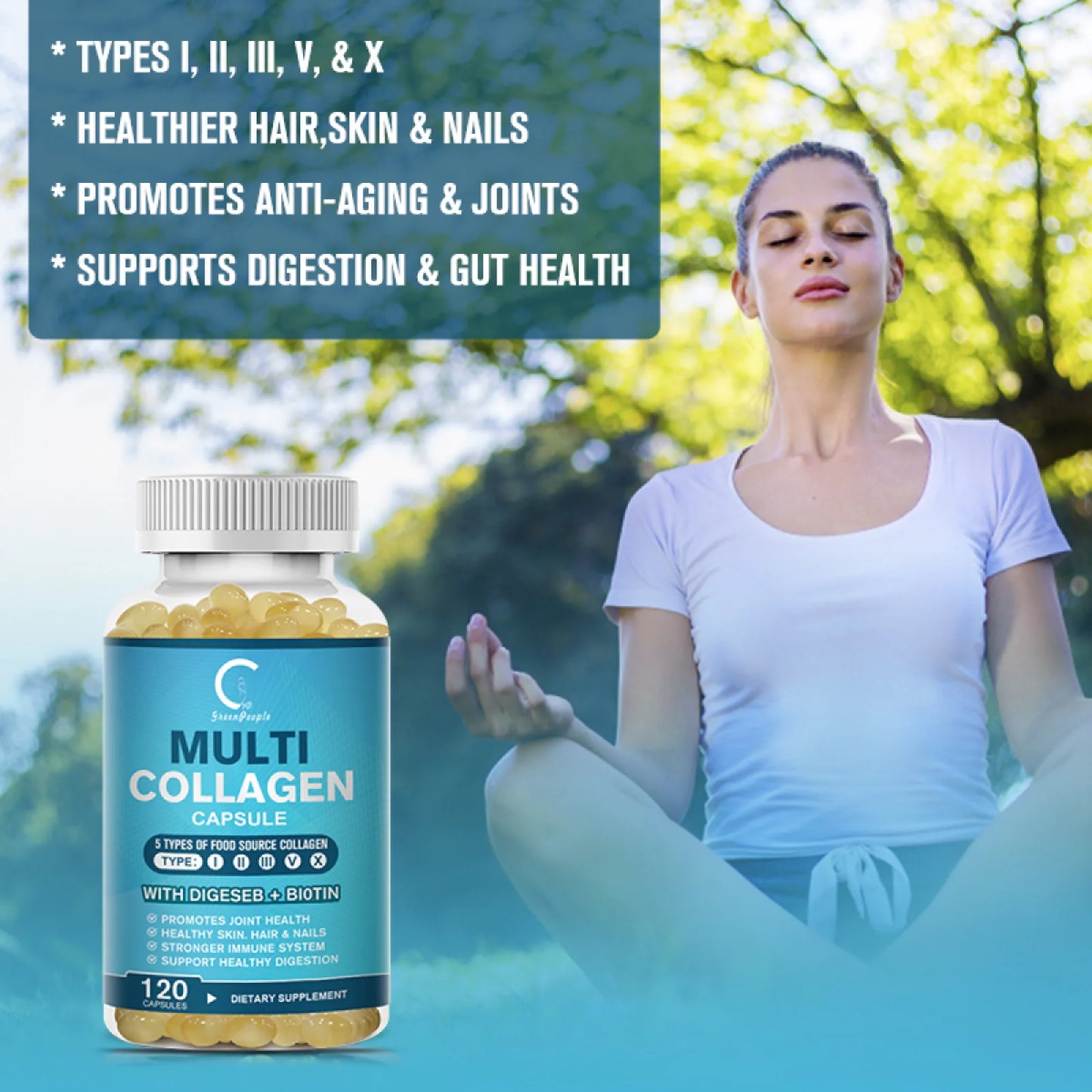 Multi Collagen Capsules 5000Mg, Types I, II, III, V & X for Hair Skin and Nails Healthy, 240 Capsules (2 Pack)
