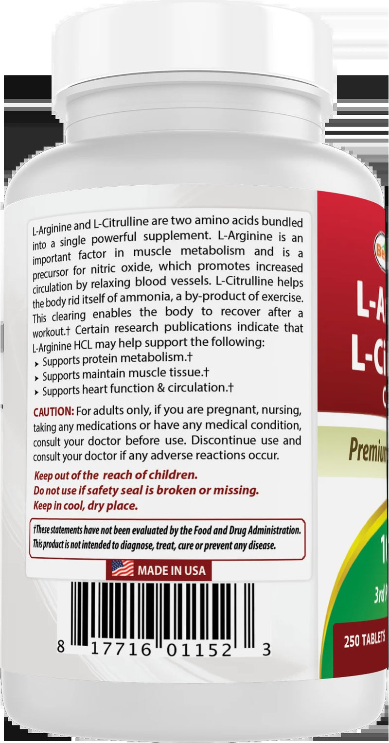 L-Arginine L-Citrulline Complex 1000 Mg Multivitamin Tablets, 250 Count