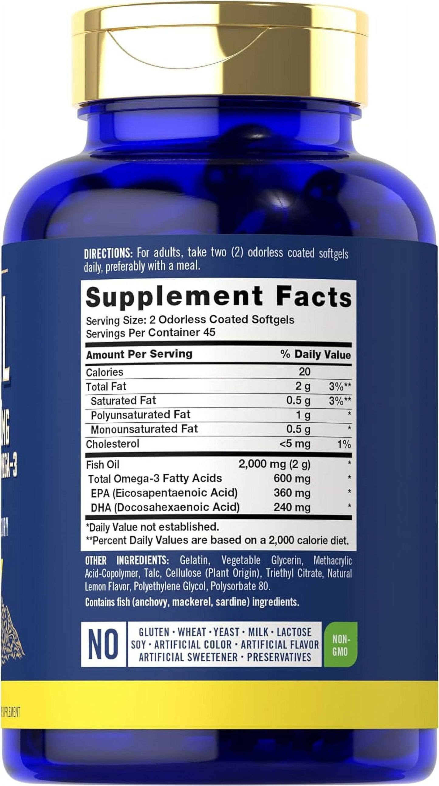 Fish Oil Pills 2000Mg | 600Mg Omega 3 | 90 Odorless Softgels | Lemon Flavored | by