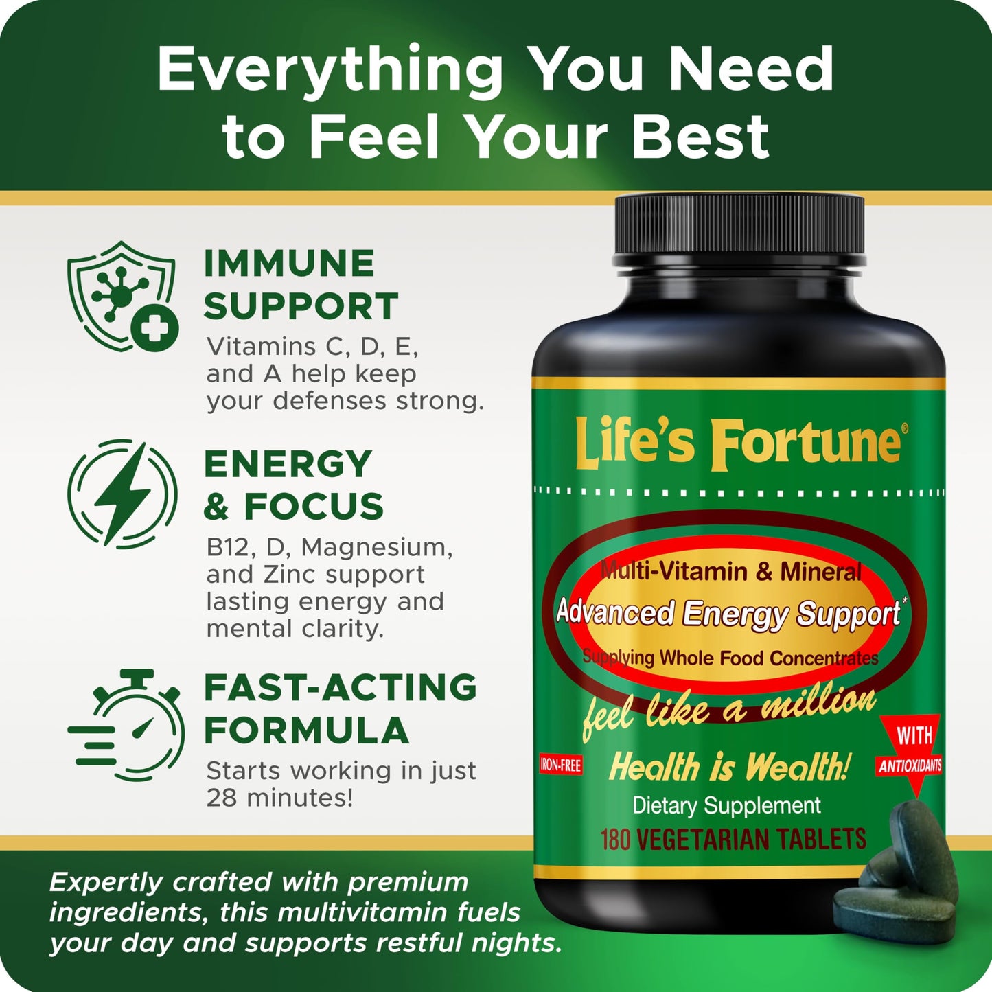 Multivitamin & Mineral 180 Tablets, All Natural Energy Source Supplying Whole Food Concentrates, Antioxidants, Amino Acids, Enzymes,