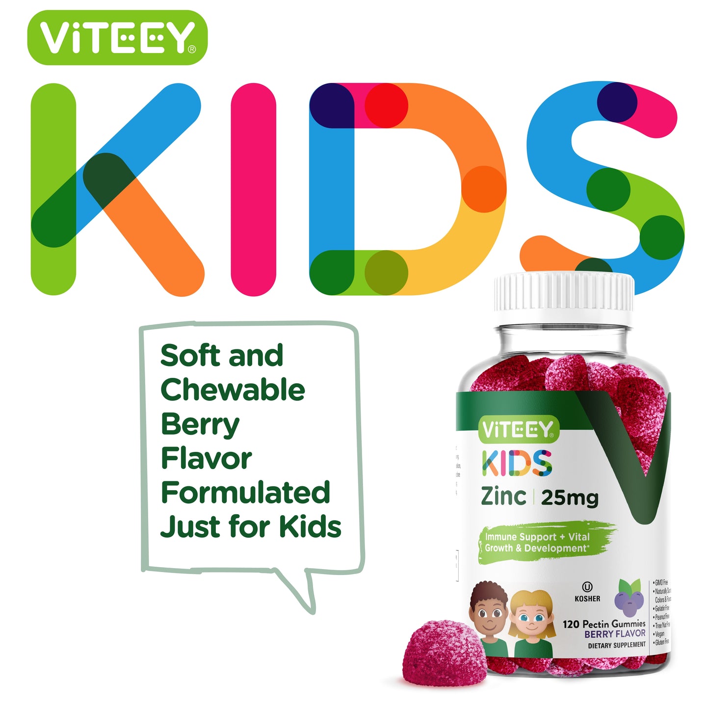 Kids Zinc Gummies 25Mg, Kids Immune Support, Berry Flavor, 120 Count