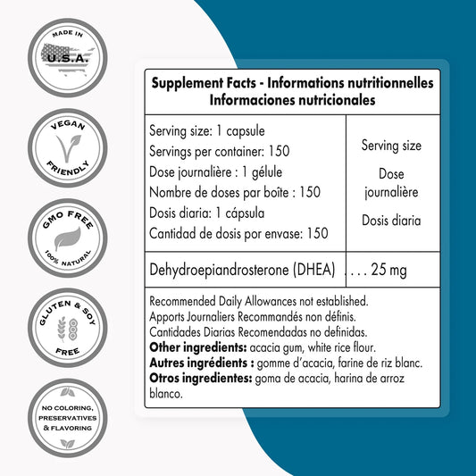 - DHEA 25Mg - DHEA Supplement for Men & Women | Non-Gmo & Gluten Free - 150 Vegetarian Capsules