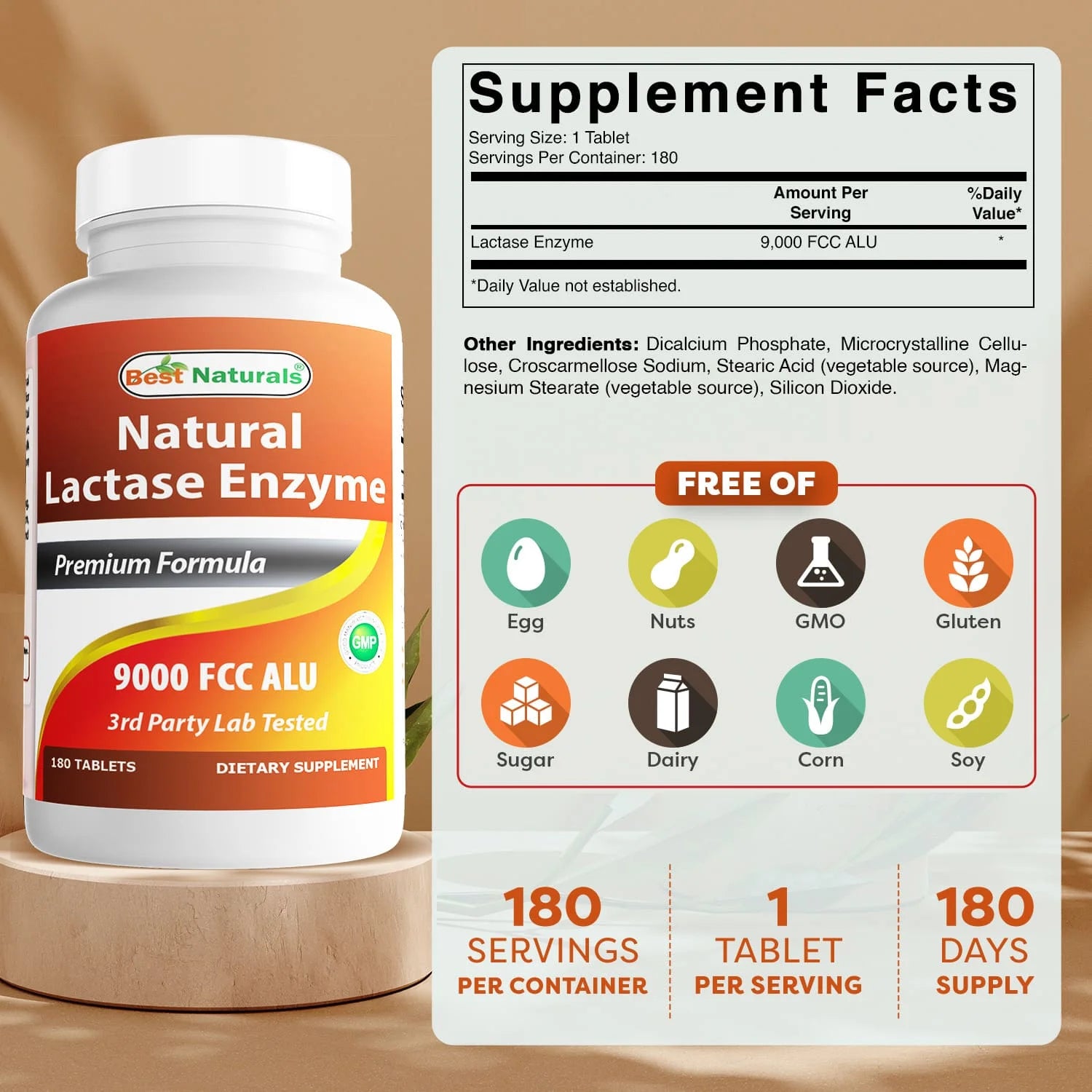 Lactase Enzyme 9000 FCC ALU 180 Tablets, Fast Acting Relief