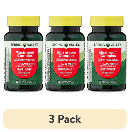 (3 Pack)  Mushroom Complex Dietary Supplement Vegetarian Capsules for Heart Health, 6,200 Mg, 30 Count