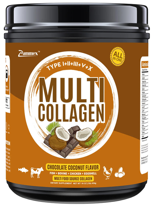 Multi Collagen Peptides Powder 16Oz, Hydrolyzed Collagen Protein Powder Collagen Types I,II,III,V,X, Chocolate &Coconut Flavor, 41 Servings